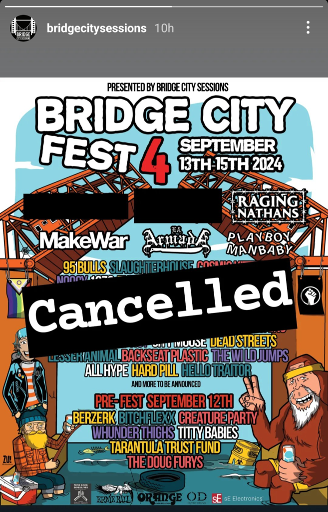 A screenshot of @bridgecitysessions posting an Instagram story that features the festival poster with a big 'Cancelled' text over it.